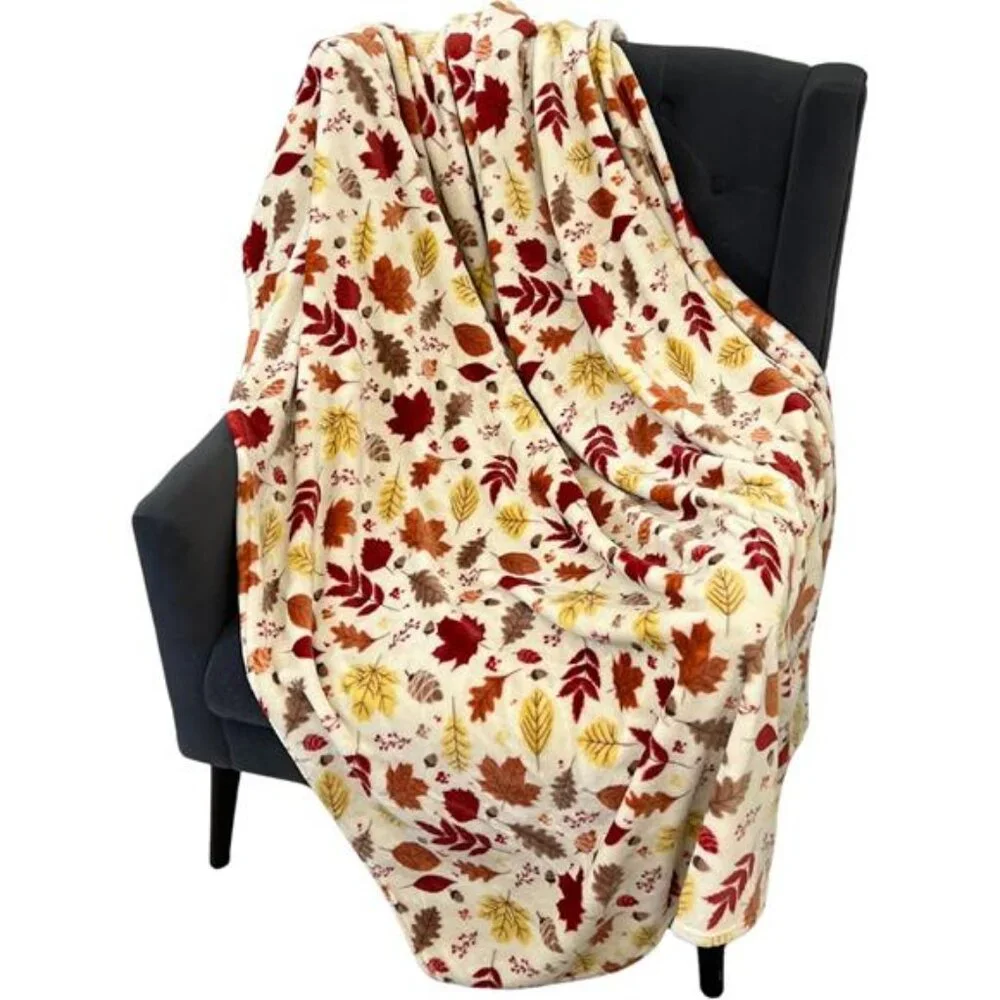 Fall Decor Throw Blanket - Soft & Warm w/ Autumn Leaves‎ in Red, Yellow, Brown,